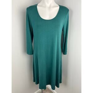 Garnet Hill Long Sleeve Scoop Neck Trapeze Knit Dress Blue Green Medium